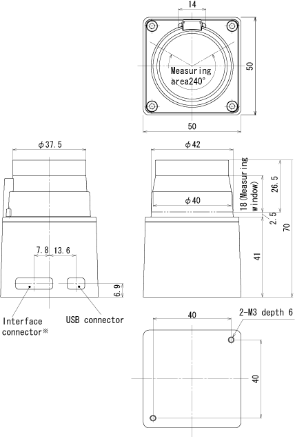Externe Abmessungen des HOKUYO Laserscanners URG-04LX (klassischer URG)