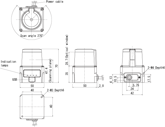 Externe Abmessungen des HOKUYO Laserscanners UST-05LA (Smart-URG eco)