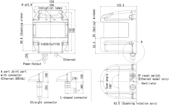 Externe Abmessungen des HOKUYO Laserscanners UXM-30LAH-EWA (hochauflösend-robust LA)