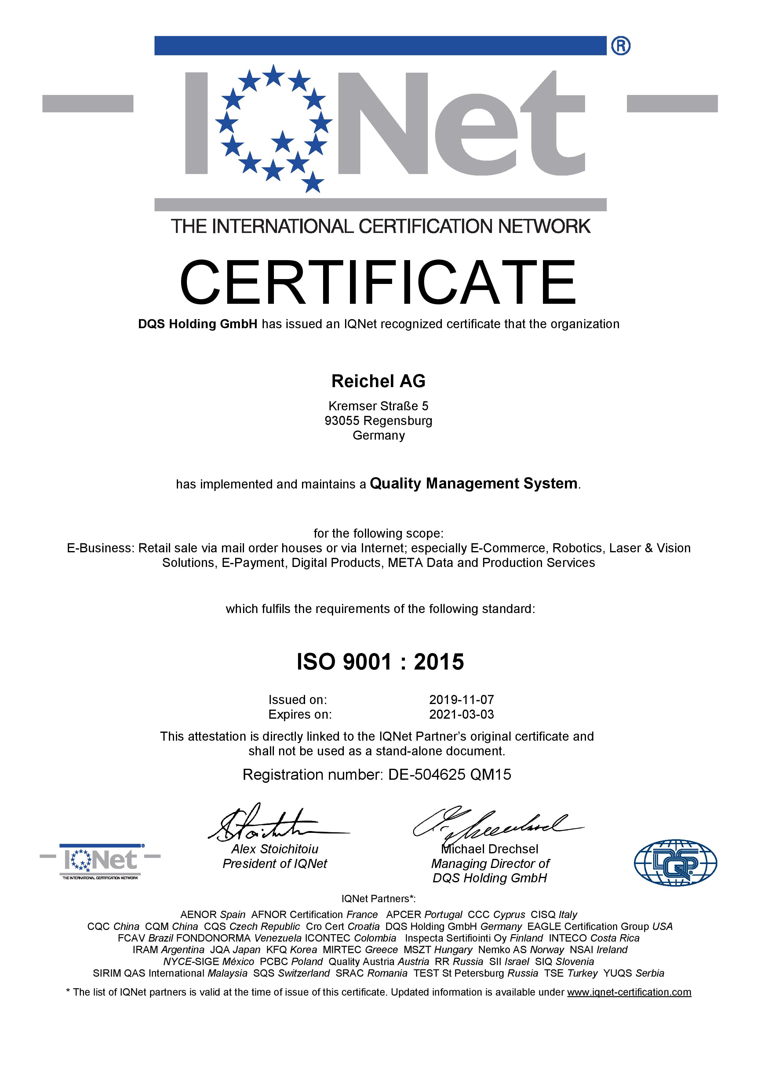 Qualitätsmanagement der Reichel AG ISO 9001:2015 IQNet The International Certification Network Englisch